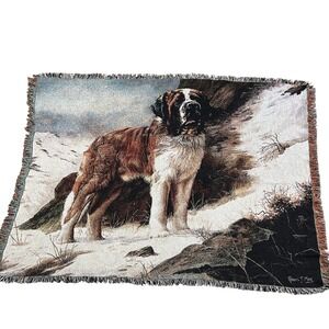 VTG Pure Country Weavers Saint Bernard USA Made Dog Tapestry Blanket 71x52 Woven